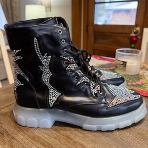Womens Black Rhinestone Flame Platform Combat Moto Boots Size 10M